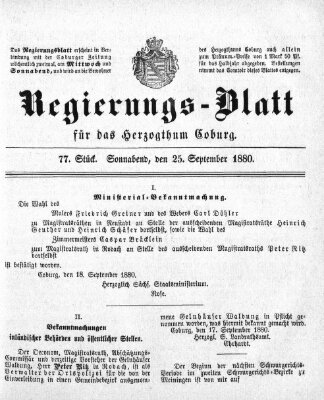 Regierungs-Blatt für das Herzogtum Coburg (Coburger Regierungs-Blatt) Samstag 25. September 1880