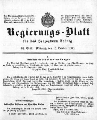 Regierungs-Blatt für das Herzogtum Coburg (Coburger Regierungs-Blatt) Mittwoch 13. Oktober 1880