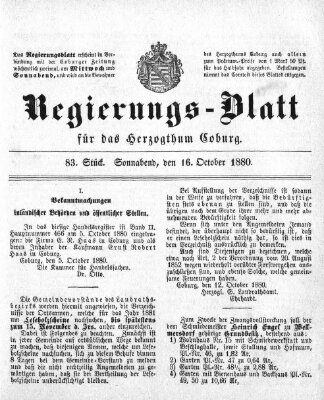 Regierungs-Blatt für das Herzogtum Coburg (Coburger Regierungs-Blatt) Samstag 16. Oktober 1880