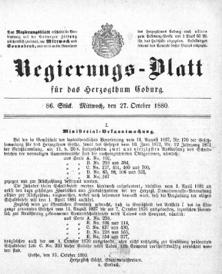 Regierungs-Blatt für das Herzogtum Coburg (Coburger Regierungs-Blatt) Mittwoch 27. Oktober 1880