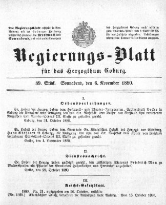 Regierungs-Blatt für das Herzogtum Coburg (Coburger Regierungs-Blatt) Samstag 6. November 1880