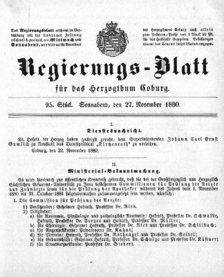 Regierungs-Blatt für das Herzogtum Coburg (Coburger Regierungs-Blatt) Samstag 27. November 1880