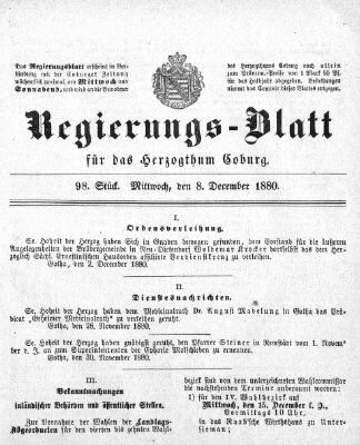 Regierungs-Blatt für das Herzogtum Coburg (Coburger Regierungs-Blatt) Mittwoch 8. Dezember 1880