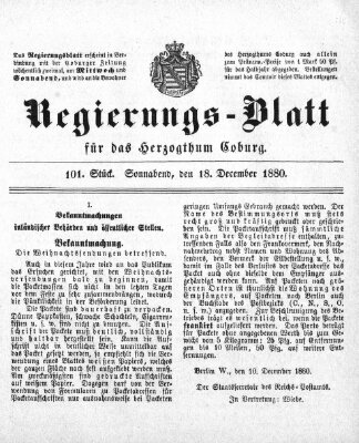 Regierungs-Blatt für das Herzogtum Coburg (Coburger Regierungs-Blatt) Samstag 18. Dezember 1880