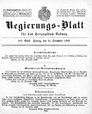 Regierungs-Blatt für das Herzogtum Coburg (Coburger Regierungs-Blatt) Freitag 31. Dezember 1880