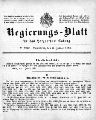 Regierungs-Blatt für das Herzogtum Coburg (Coburger Regierungs-Blatt) Samstag 8. Januar 1881