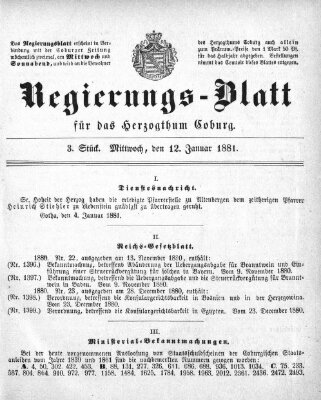 Regierungs-Blatt für das Herzogtum Coburg (Coburger Regierungs-Blatt) Mittwoch 12. Januar 1881