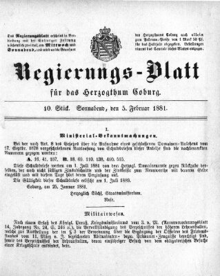 Regierungs-Blatt für das Herzogtum Coburg (Coburger Regierungs-Blatt) Samstag 5. Februar 1881