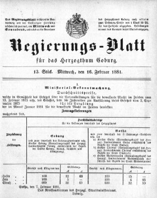 Regierungs-Blatt für das Herzogtum Coburg (Coburger Regierungs-Blatt) Mittwoch 16. Februar 1881