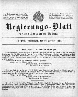 Regierungs-Blatt für das Herzogtum Coburg (Coburger Regierungs-Blatt) Samstag 26. Februar 1881