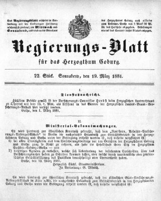 Regierungs-Blatt für das Herzogtum Coburg (Coburger Regierungs-Blatt) Samstag 19. März 1881