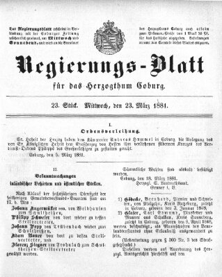 Regierungs-Blatt für das Herzogtum Coburg (Coburger Regierungs-Blatt) Mittwoch 23. März 1881