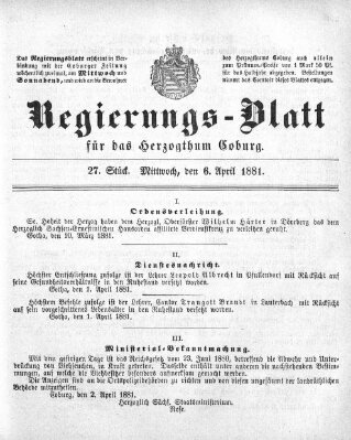 Regierungs-Blatt für das Herzogtum Coburg (Coburger Regierungs-Blatt) Mittwoch 6. April 1881