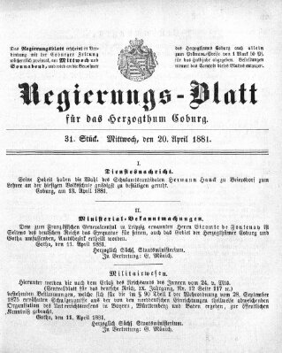 Regierungs-Blatt für das Herzogtum Coburg (Coburger Regierungs-Blatt) Mittwoch 20. April 1881