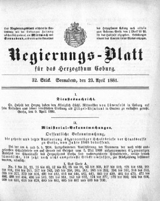 Regierungs-Blatt für das Herzogtum Coburg (Coburger Regierungs-Blatt) Samstag 23. April 1881