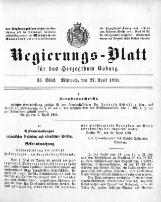 Regierungs-Blatt für das Herzogtum Coburg (Coburger Regierungs-Blatt) Mittwoch 27. April 1881