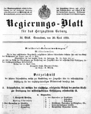 Regierungs-Blatt für das Herzogtum Coburg (Coburger Regierungs-Blatt) Samstag 30. April 1881