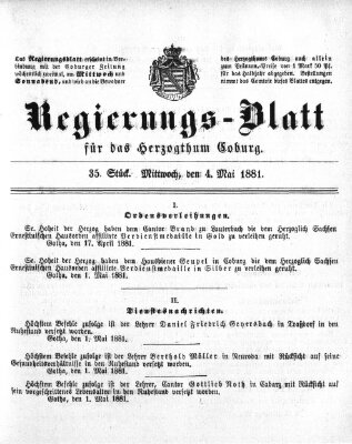 Regierungs-Blatt für das Herzogtum Coburg (Coburger Regierungs-Blatt) Mittwoch 4. Mai 1881