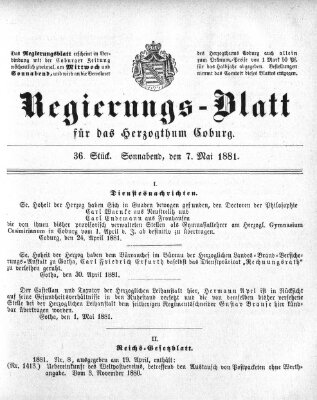 Regierungs-Blatt für das Herzogtum Coburg (Coburger Regierungs-Blatt) Samstag 7. Mai 1881