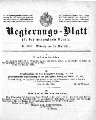 Regierungs-Blatt für das Herzogtum Coburg (Coburger Regierungs-Blatt) Mittwoch 25. Mai 1881