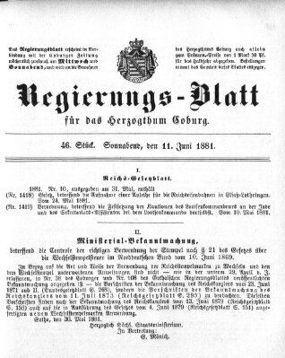 Regierungs-Blatt für das Herzogtum Coburg (Coburger Regierungs-Blatt) Samstag 11. Juni 1881