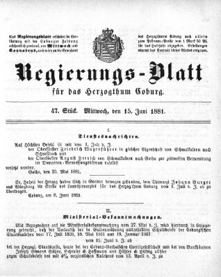 Regierungs-Blatt für das Herzogtum Coburg (Coburger Regierungs-Blatt) Mittwoch 15. Juni 1881