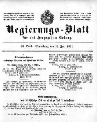 Regierungs-Blatt für das Herzogtum Coburg (Coburger Regierungs-Blatt) Samstag 18. Juni 1881