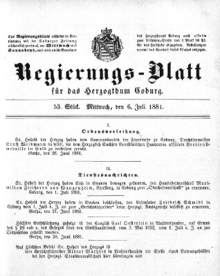 Regierungs-Blatt für das Herzogtum Coburg (Coburger Regierungs-Blatt) Mittwoch 6. Juli 1881