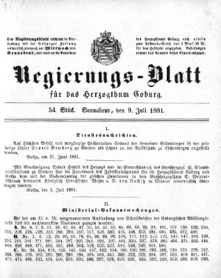 Regierungs-Blatt für das Herzogtum Coburg (Coburger Regierungs-Blatt) Samstag 9. Juli 1881