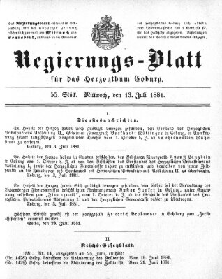 Regierungs-Blatt für das Herzogtum Coburg (Coburger Regierungs-Blatt) Mittwoch 13. Juli 1881