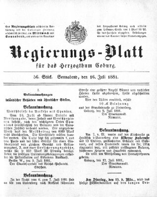 Regierungs-Blatt für das Herzogtum Coburg (Coburger Regierungs-Blatt) Samstag 16. Juli 1881