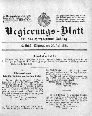 Regierungs-Blatt für das Herzogtum Coburg (Coburger Regierungs-Blatt) Mittwoch 20. Juli 1881