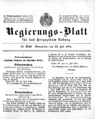 Regierungs-Blatt für das Herzogtum Coburg (Coburger Regierungs-Blatt) Samstag 23. Juli 1881