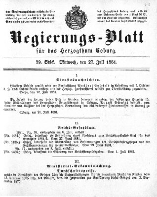 Regierungs-Blatt für das Herzogtum Coburg (Coburger Regierungs-Blatt) Mittwoch 27. Juli 1881