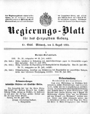 Regierungs-Blatt für das Herzogtum Coburg (Coburger Regierungs-Blatt) Mittwoch 3. August 1881