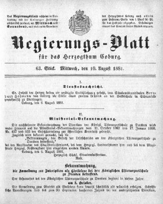 Regierungs-Blatt für das Herzogtum Coburg (Coburger Regierungs-Blatt) Mittwoch 10. August 1881