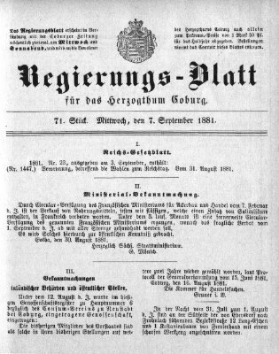 Regierungs-Blatt für das Herzogtum Coburg (Coburger Regierungs-Blatt) Mittwoch 7. September 1881