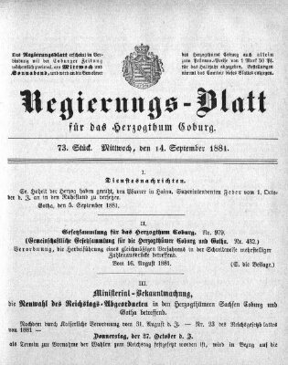 Regierungs-Blatt für das Herzogtum Coburg (Coburger Regierungs-Blatt) Mittwoch 14. September 1881