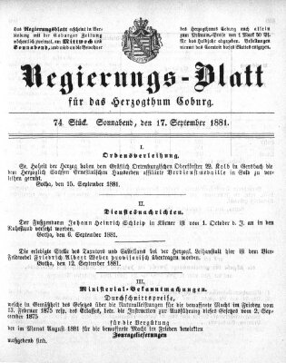 Regierungs-Blatt für das Herzogtum Coburg (Coburger Regierungs-Blatt) Samstag 17. September 1881