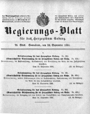 Regierungs-Blatt für das Herzogtum Coburg (Coburger Regierungs-Blatt) Samstag 24. September 1881
