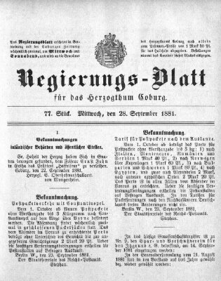 Regierungs-Blatt für das Herzogtum Coburg (Coburger Regierungs-Blatt) Mittwoch 28. September 1881