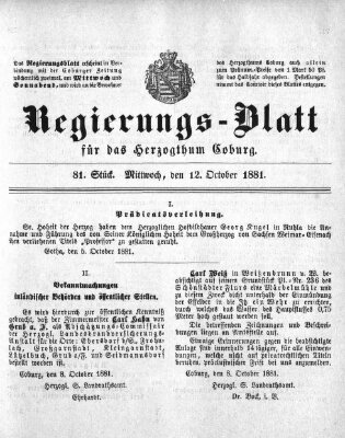 Regierungs-Blatt für das Herzogtum Coburg (Coburger Regierungs-Blatt) Mittwoch 12. Oktober 1881