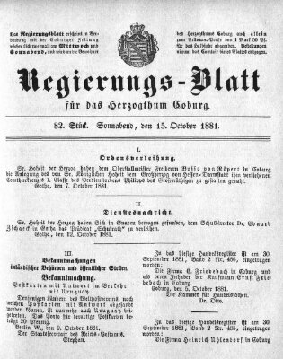 Regierungs-Blatt für das Herzogtum Coburg (Coburger Regierungs-Blatt) Samstag 15. Oktober 1881