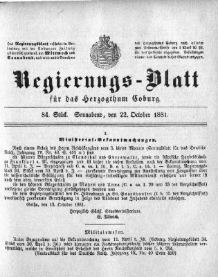 Regierungs-Blatt für das Herzogtum Coburg (Coburger Regierungs-Blatt) Samstag 22. Oktober 1881