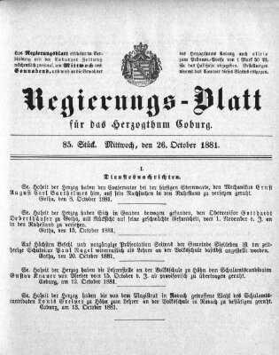 Regierungs-Blatt für das Herzogtum Coburg (Coburger Regierungs-Blatt) Mittwoch 26. Oktober 1881