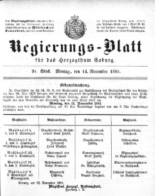 Regierungs-Blatt für das Herzogtum Coburg (Coburger Regierungs-Blatt) Montag 14. November 1881