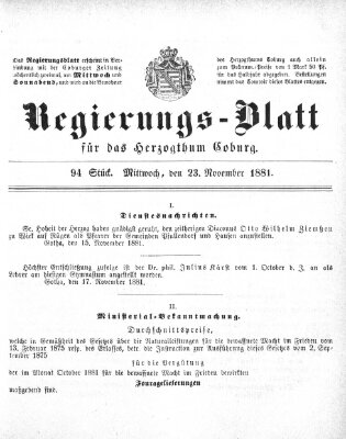 Regierungs-Blatt für das Herzogtum Coburg (Coburger Regierungs-Blatt) Mittwoch 23. November 1881