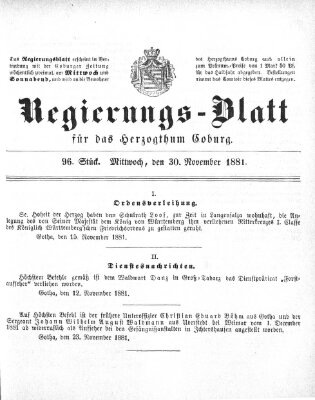 Regierungs-Blatt für das Herzogtum Coburg (Coburger Regierungs-Blatt) Mittwoch 30. November 1881