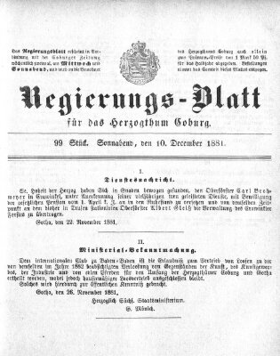 Regierungs-Blatt für das Herzogtum Coburg (Coburger Regierungs-Blatt) Samstag 10. Dezember 1881