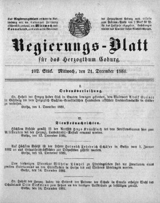 Regierungs-Blatt für das Herzogtum Coburg (Coburger Regierungs-Blatt) Mittwoch 21. Dezember 1881